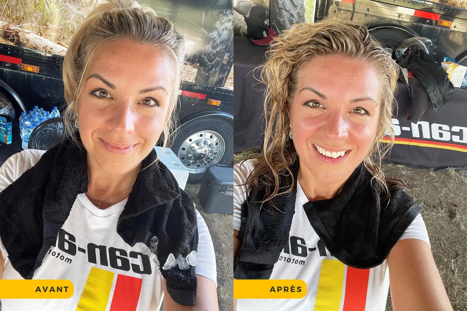 A photo collage of Valérie before and after her test of the Origin, smiling in both images. In the “after” photo, her hair is loose and sweaty.