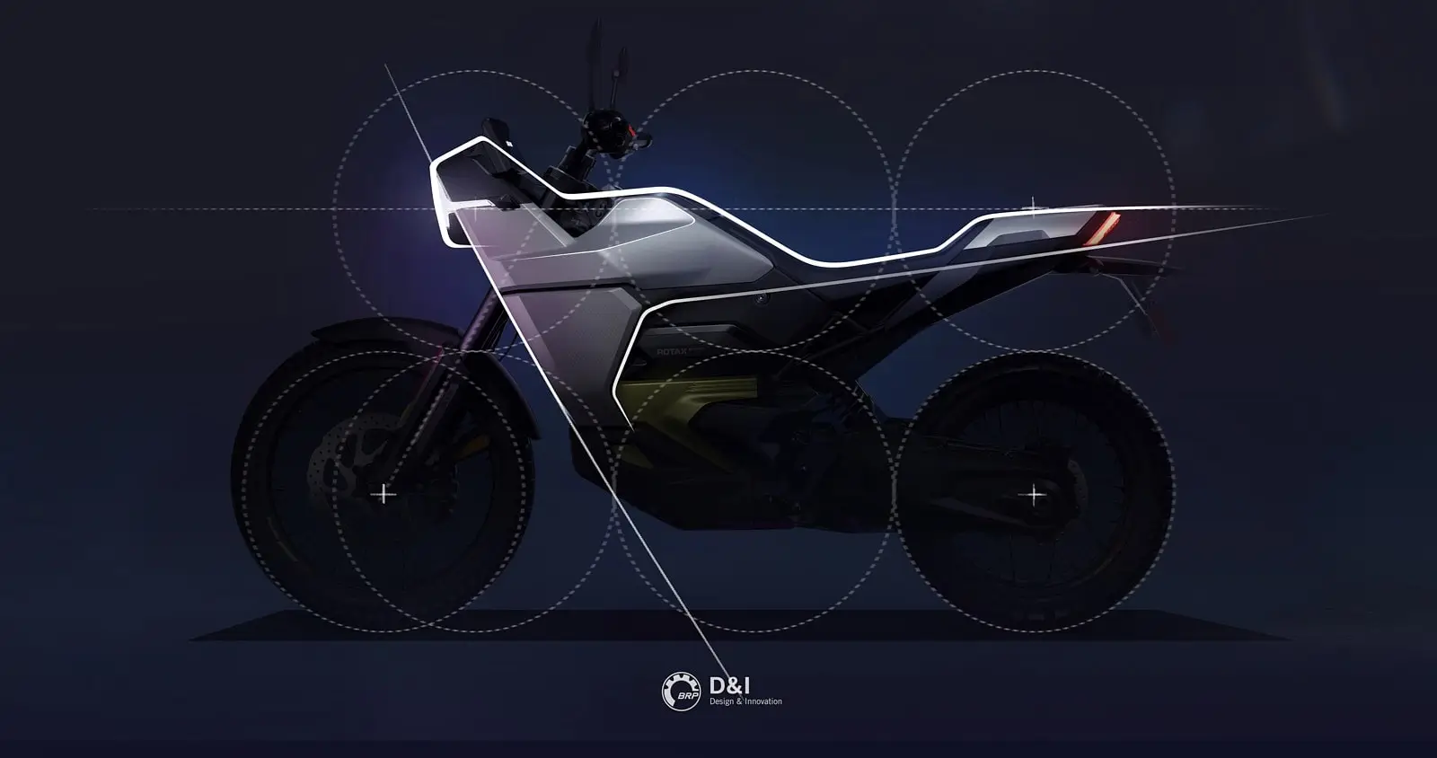 Croquis conceptuel d’une moto électrique Can-Am Origin, avec des lignes lumineuses tracées pour illustrer la silhouette du véhicule, mettant en valeur son design aérodynamique et épuré.