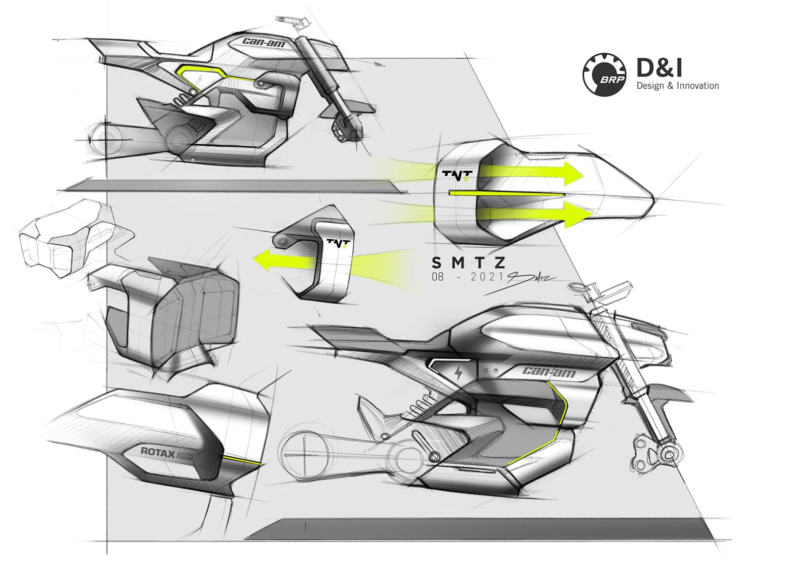 Croquis techniques d’une moto électrique Can-Am pulse ou origin par BRP Design & Innovation, avec détails du moteur Rotax et flux d’air indiqués par des flèches jaunes.