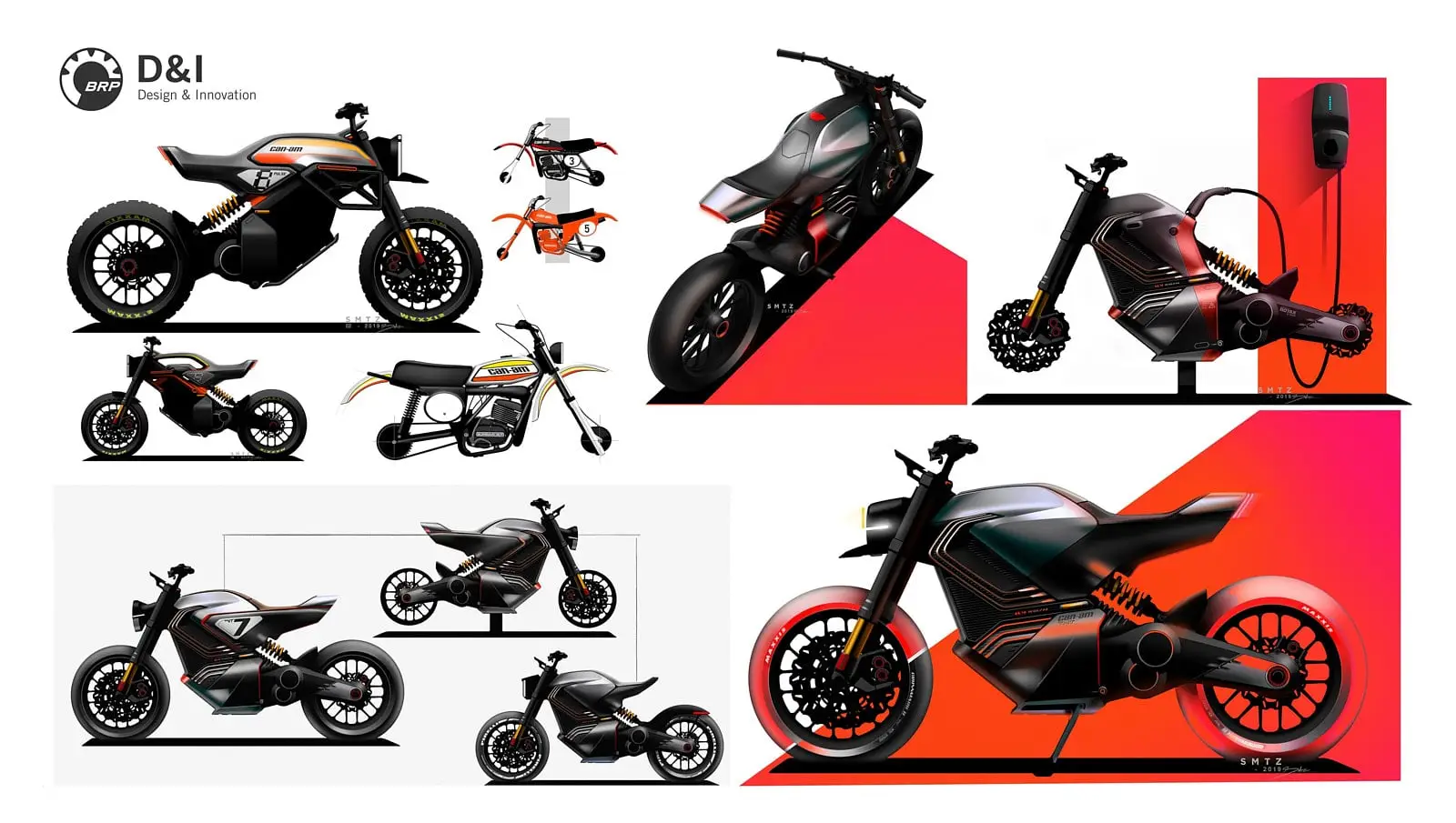 A series of design concepts for Can-Am electric motorcycles, presented in the form of sketches and 3D renderings, highlighting modern and clean lines as well as suspension and chassis details.