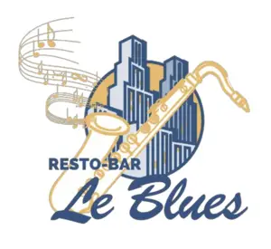 Le logo montre un saxophone doré entouré de notes de musique, avec des gratte-ciels bleus en arrière-plan. En dessous, le texte “RESTO-BAR Le Blues” est écrit en bleu.