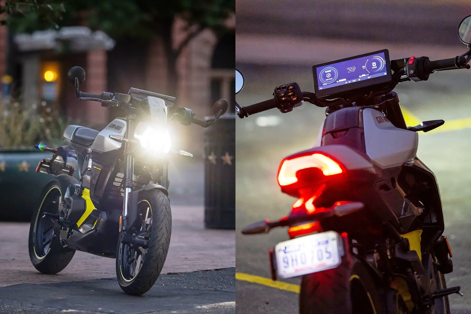 Deux vues d’une moto électrique Can-Am Pulse en mode nuit. À gauche, l’avant illuminé avec le phare allumé ; à droite, l’arrière avec l’écran de tableau de bord et le feu arrière rouge en fonctionnement.